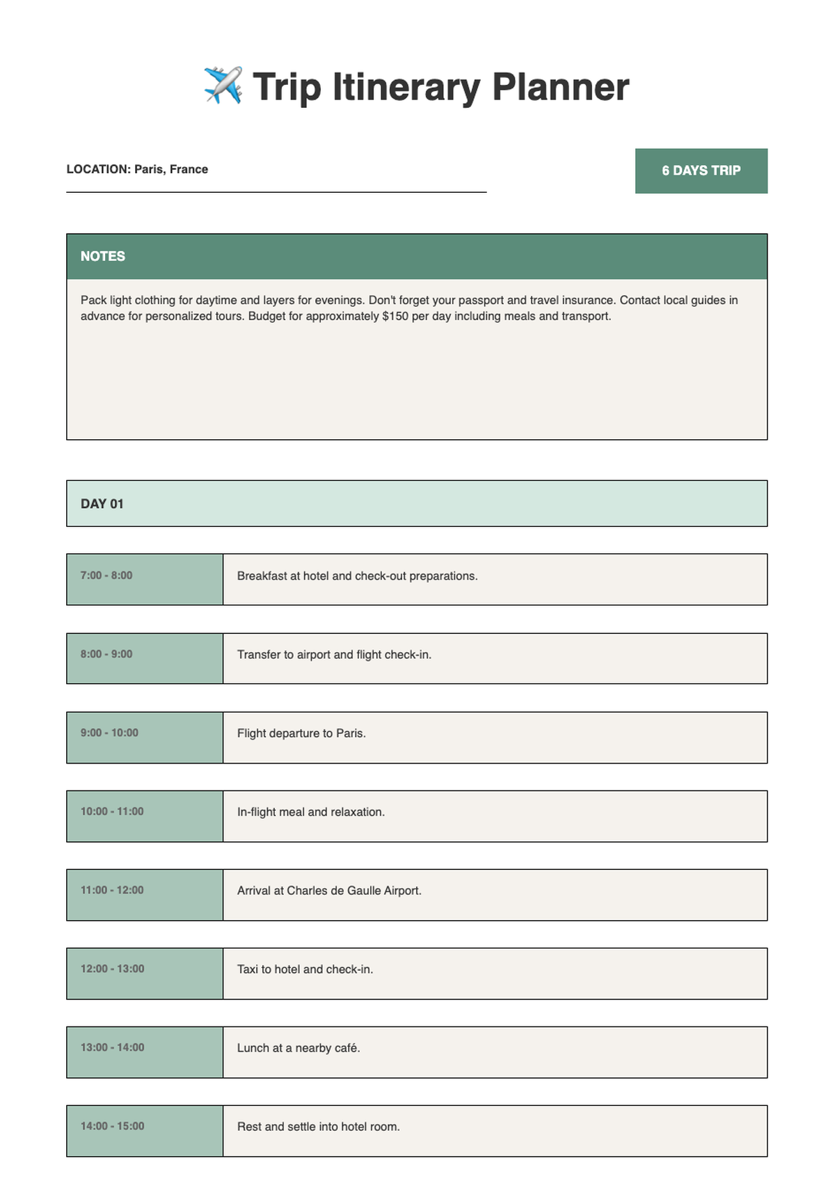 Printable 6 day trip itinerary planner with time slots and notes section_variant_1